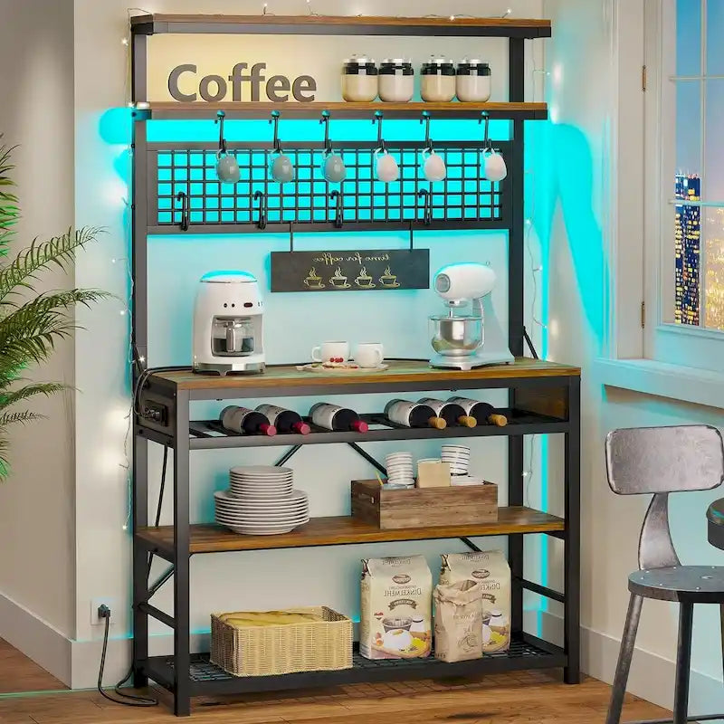 Bakers Rack with Power Outlet 6-Tier Coffee Bar Microwave Stand