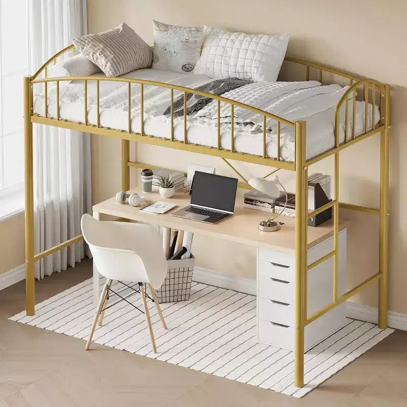 Twin Metal Loft Bed Frame with Safety Guardrail - Space-Saving Gold Loft Bed for Kids Dorm Room Storage