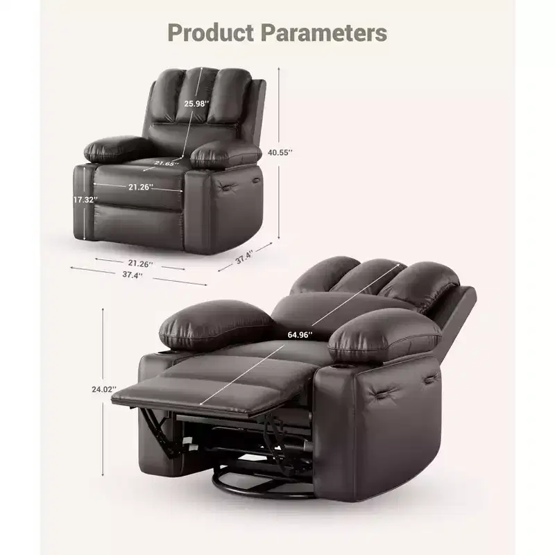 Large Leather Manual Recliner Chair with Comfortable Arms, Built-in Cup Holders, 21.2 Inch Seat Width, for Living Room Relaxation and Entertainment