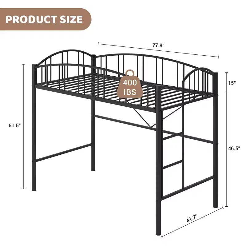 Garvee Loft Bed Twin Size, Heavy Duty Metal Loft Bed Frame with Arched Guardrail and Safety Ladder, Space-Saving, No Box Spring Needed, Black
