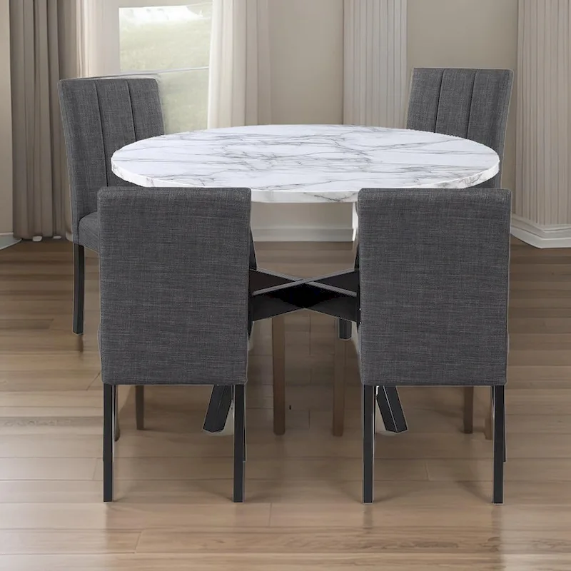 5 Piece Dining Table and Chairs Set, Black Wood, Fabric, Faux Stone Top