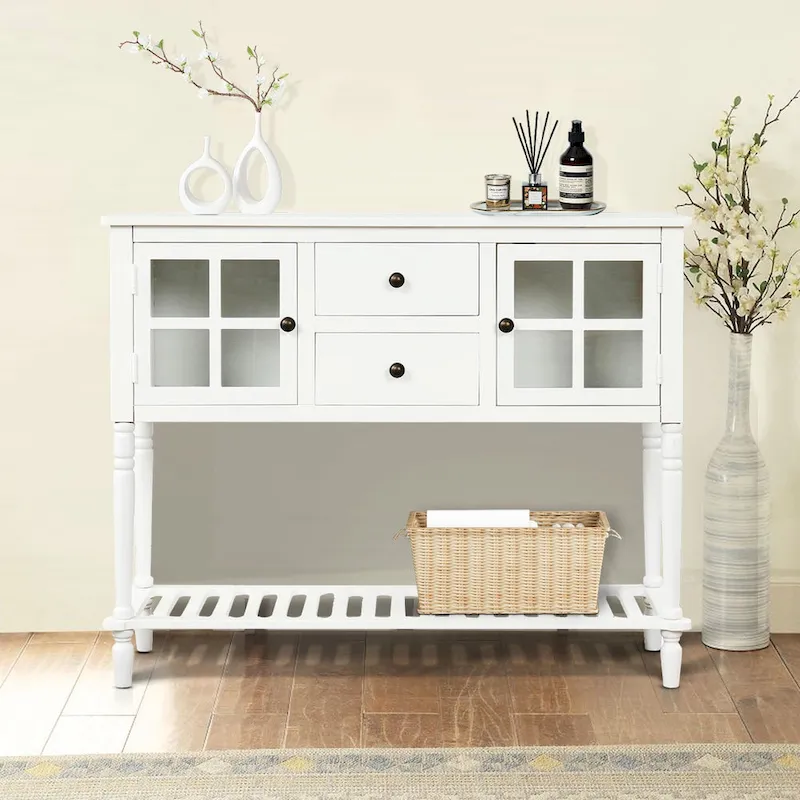Vintage French Wooden Console Table with Two Glass Cabinet Doors