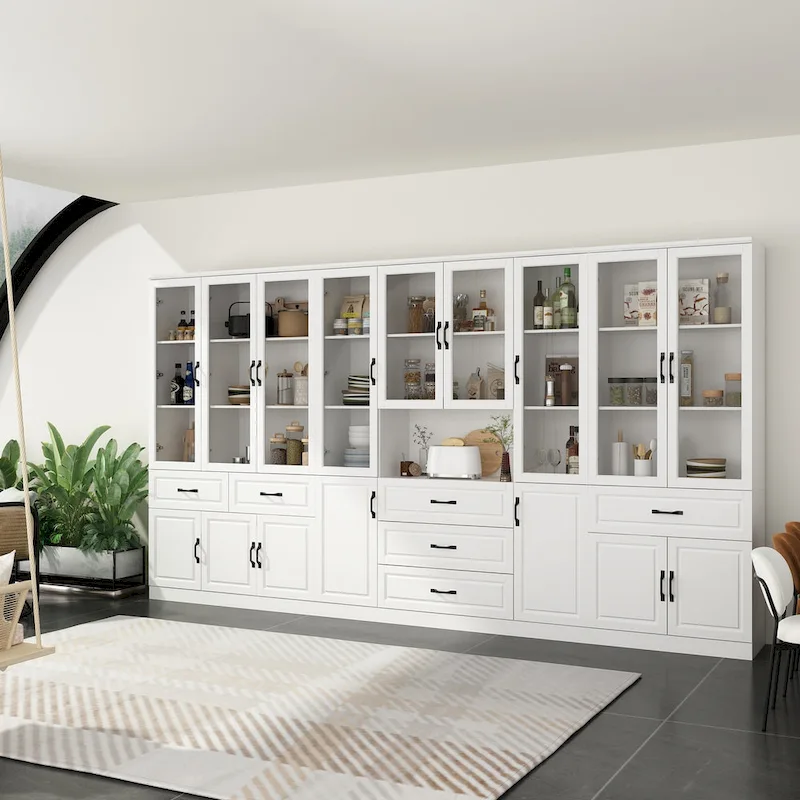 Large White Buffet Elegant Kitchen Cabinet with Glass Doors Dislplay