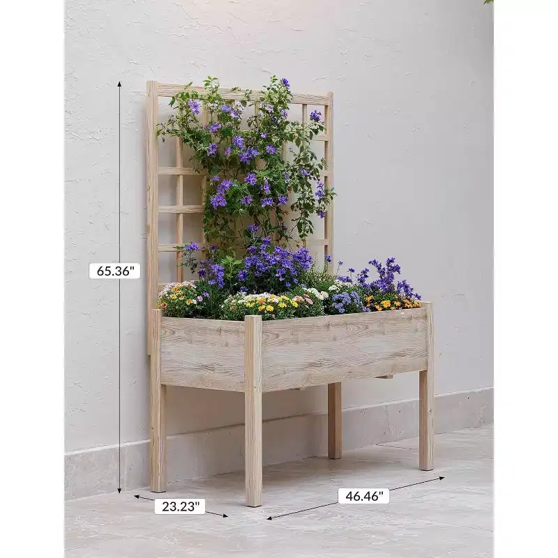 1PC Elevated Cedar Planter Box - 46x23x65 w/Detachable Trellis & Waterproof Liner - Standing Garden System for Vegetables/Flowers