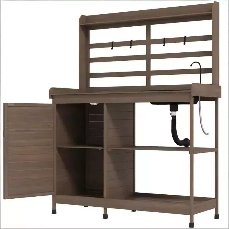 Outdoor Potting Bench with Sink and Storage, Wooden Garden Workbench with Metal Tabletop, Shelves and Tool Hooks for Backyard Patio-Panipeachy
