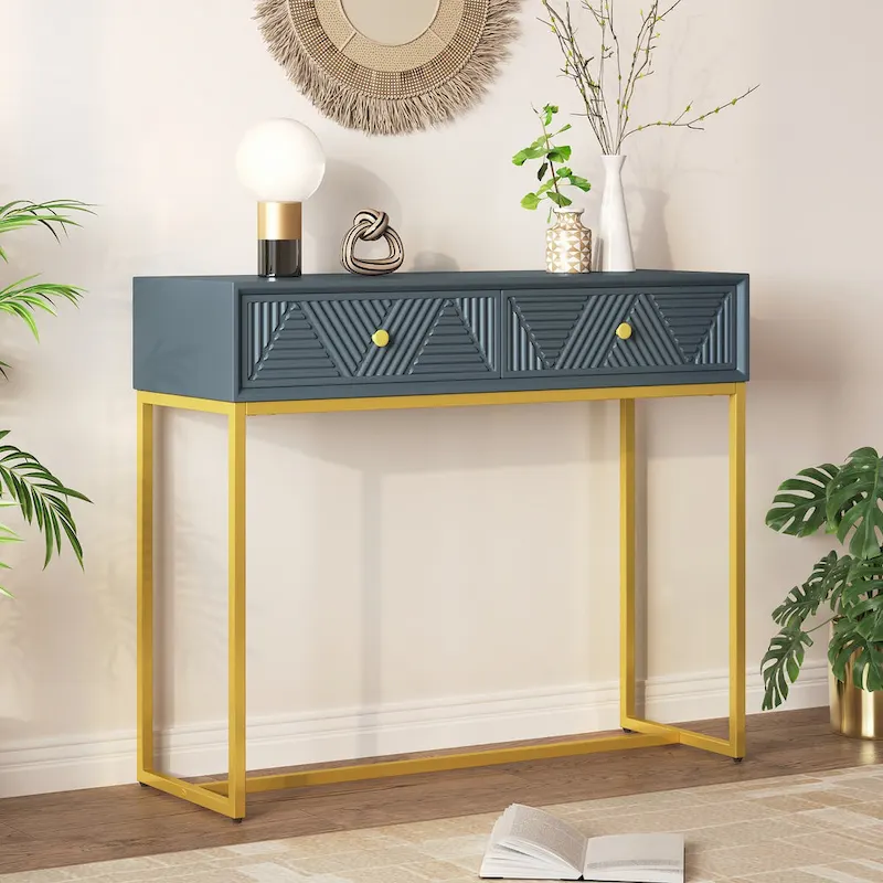 Geometric Drawer Console Table with Gold Metal Legs, Grey Blue
