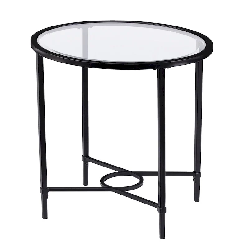 SEI Furniture Quaker Metal Scrollwork Oval Side Table with Beveled Tempered Glass