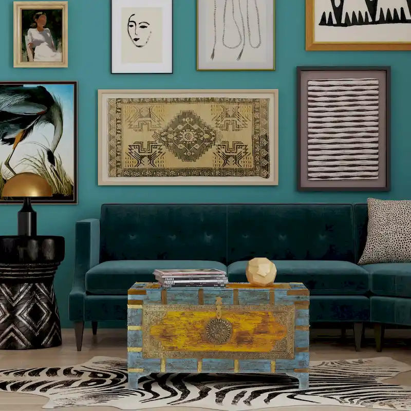 Nador Hand-Painted Brass Inlay Storage Trunk Coffee Table