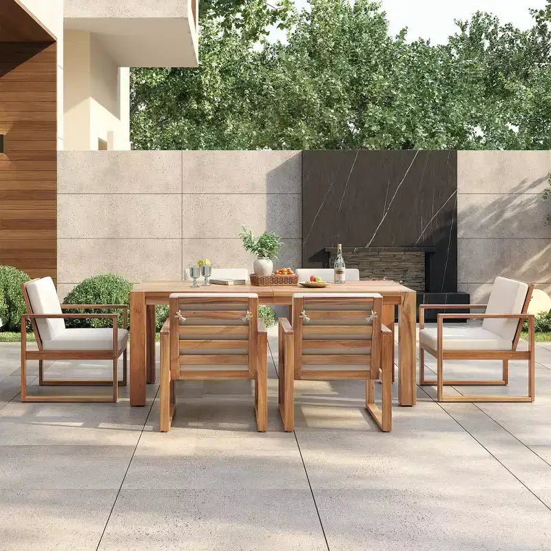Whisen 7 Piece Acacia Wood Patio Dining Sets Outdoor Dining Set - Seats 6 with Removable Cushions, Outdoor Furniture Set with Umbrella Hole