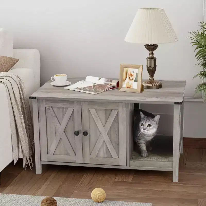 Crestlive Products Cat Litter Box Furniture Hiddenwith Cat Scratching Board, Oversize Wooden Cat Washroom/TV Stand/Cat House