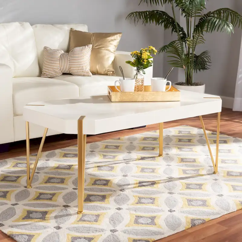 Kassa Glam Brushed Gold Metal and White Finished Wood Coffee Table