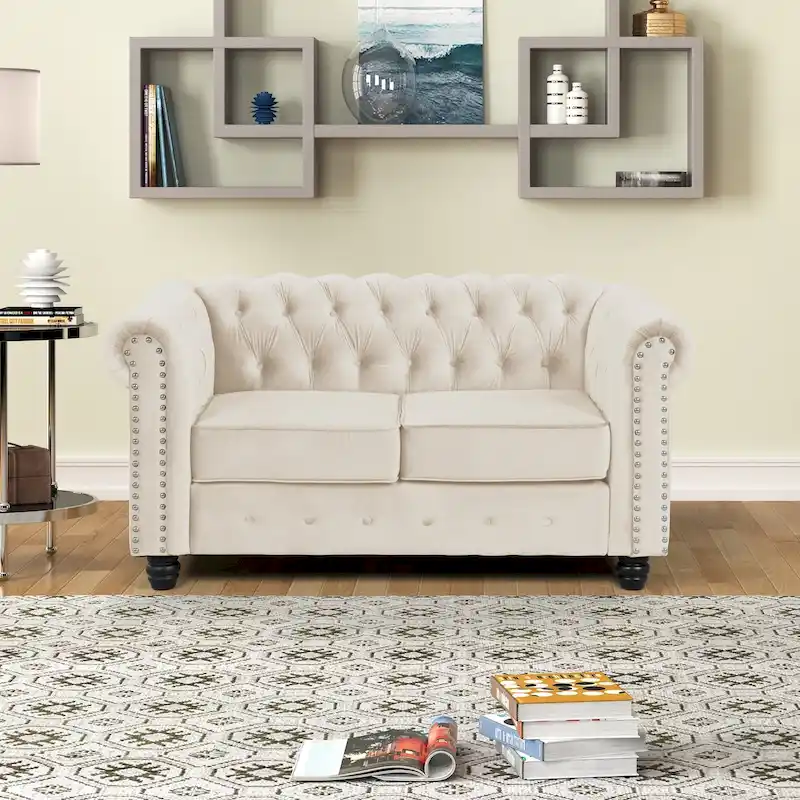 Morden Fort Velvet Chesterfield Loveseat with Button Tufted, Nailhead and Solid Legs for Living Room