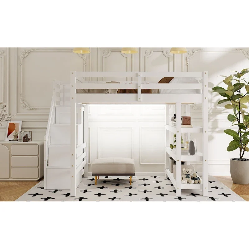 Wood Full Size Loft Bed with Shelves, Storage Staircase, Small Wardrobe and LED Light, Loft Bed Frame w/Slats Support