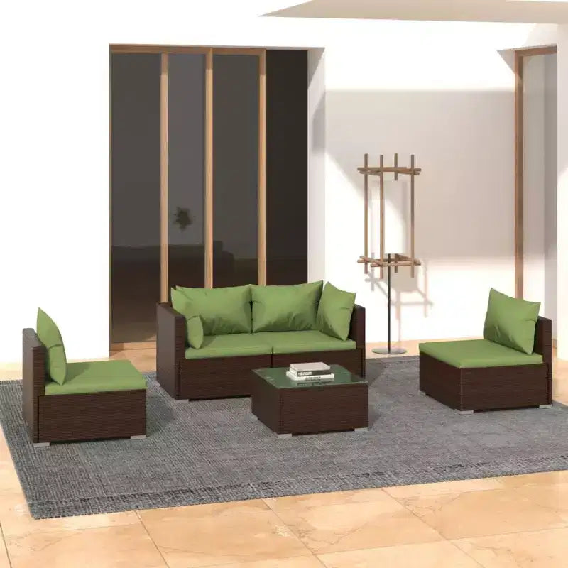 vidaXL Patio Lounge Set with Modular Design, Powder-Coated Steel Frame, Water-Resistant PE Rattan and Cushions - Brown & Green