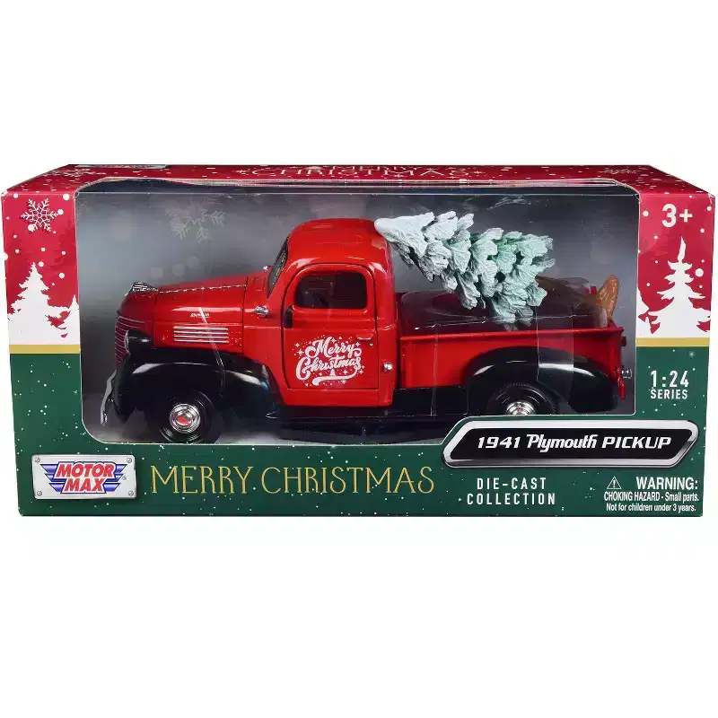 1941 Plymouth Pickup Truck Red and Black Merry Christmas with Tree Accessory 1/24 Die Cast Model Car by Motormax