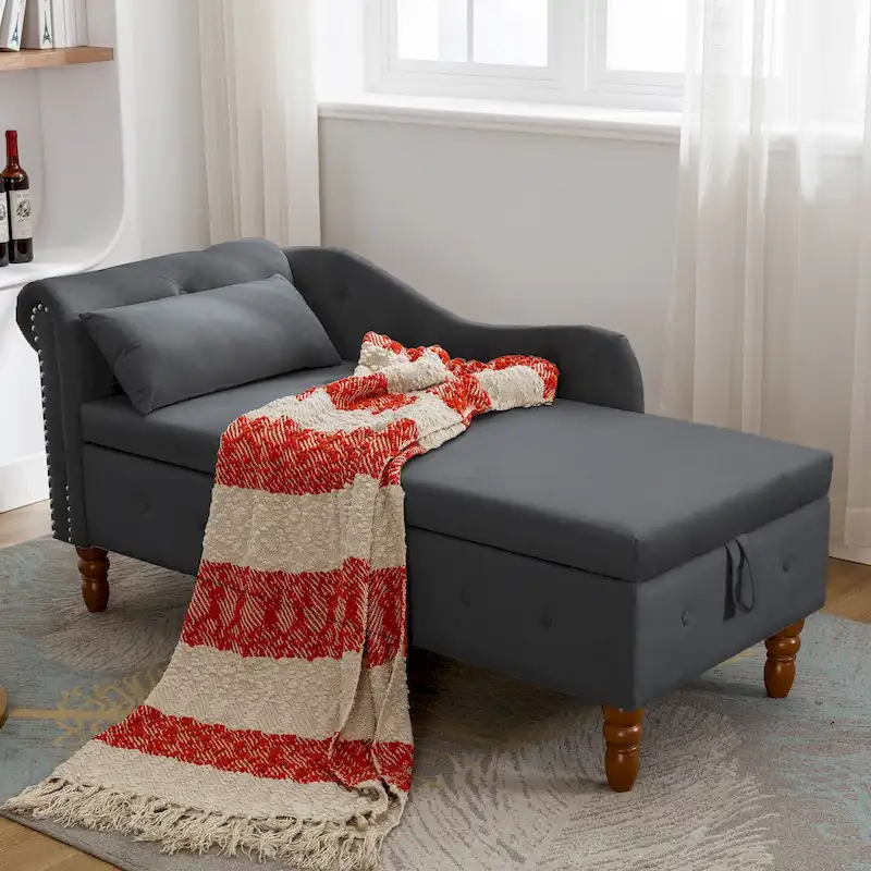 Black 58.26  Velvet Upholstered Button Tufted Chaise Lounge Chair with Storage