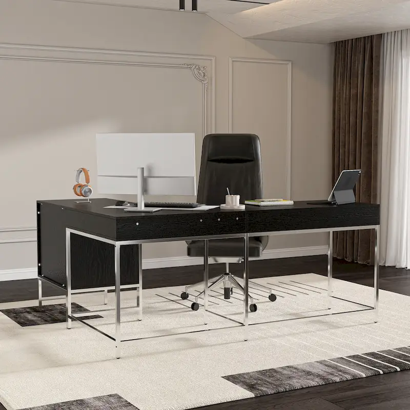 L-Shaped Black Wood Grain Office Desk with 5 Drawers and Steel Frame
