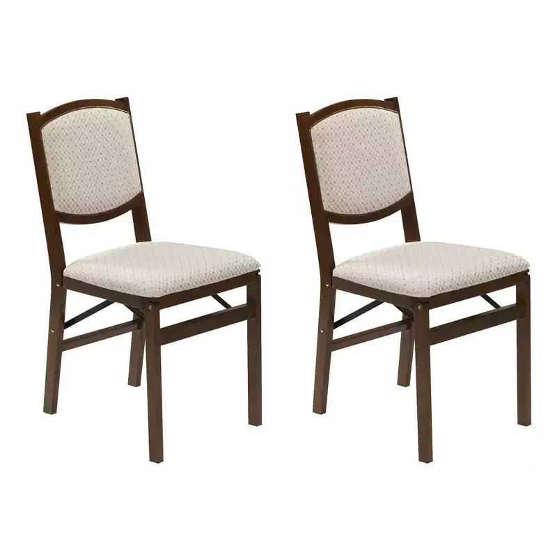 MECO Stakmore Contemporary Premium Solid Wood Dining Compact Folding Chair Set with Fabric Padded Upholstered Seat, Fruitwood, Set of 4