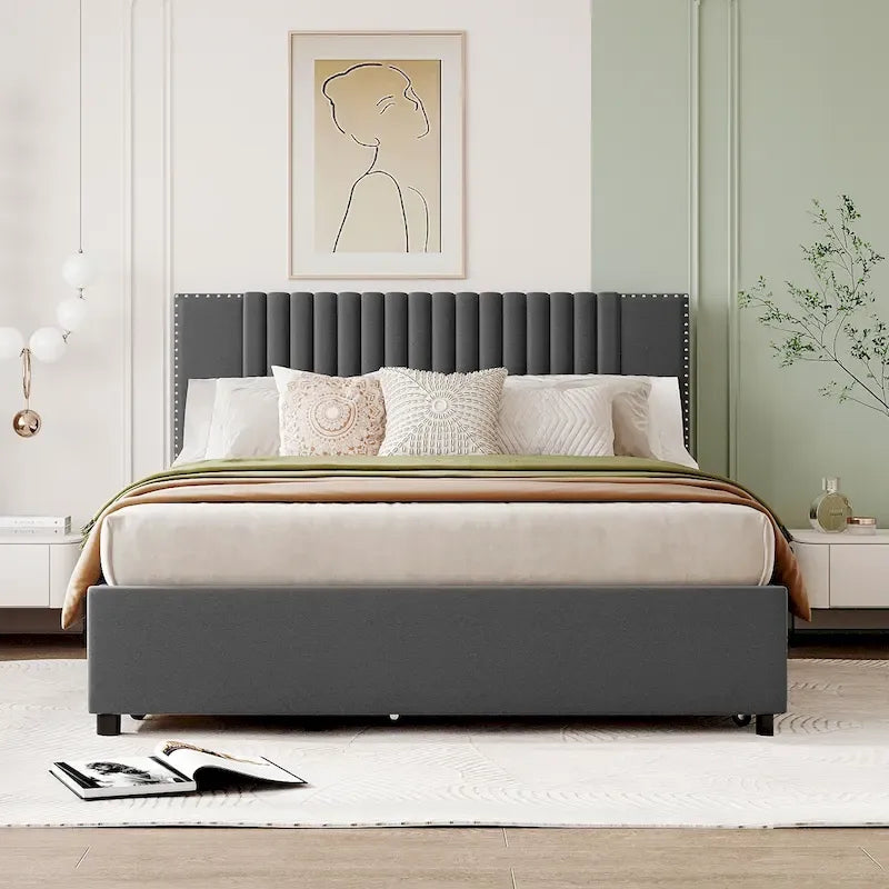 Linen Platform Bed – Gray / Beige, Foam Headboard, 2 Drawers & Trundle, Full / Queen, Sleeps 1