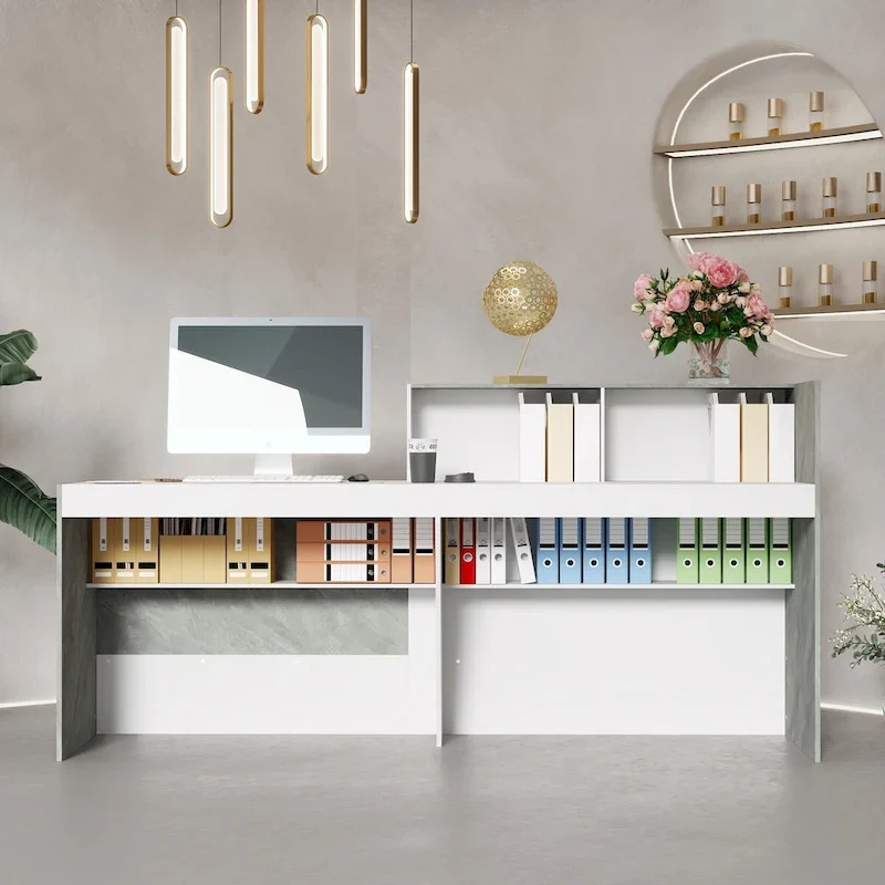 White Marble Reception Desk with Computer Surface and Storage Shelves
