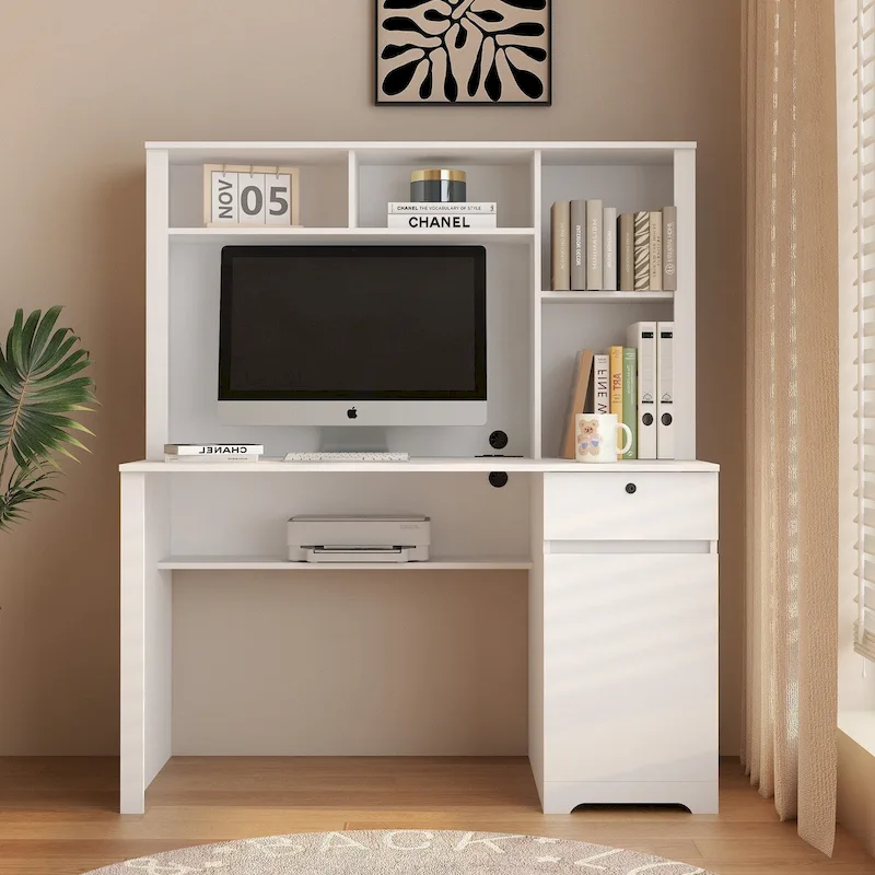 Home Office Desk with Bookshelf, Drawers, AC Outlets & USB Ports