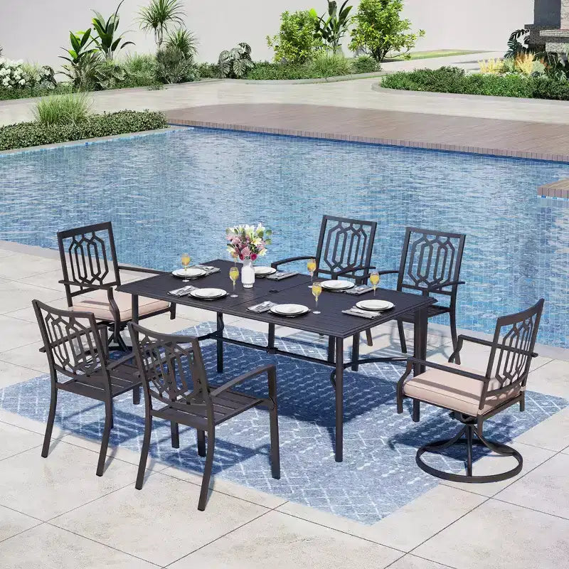 Captiva Designs 7pc Patio Slatted Top Steel Dining Table with Umbrella Hole & Stylish Back Metal Chairs