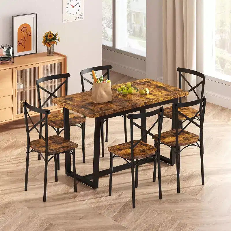 Zevemomo 7-Piece Dining Table with Chairs Set, Rectangular Metal Frame Table with 6 Chairs, for Kitchen, Dining Room and Living Room, Brown