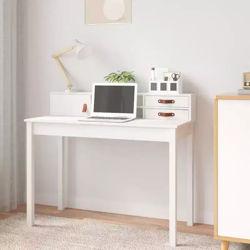 vidaXL Desk White Solid pine wood, faux leather (100% polyurethane)