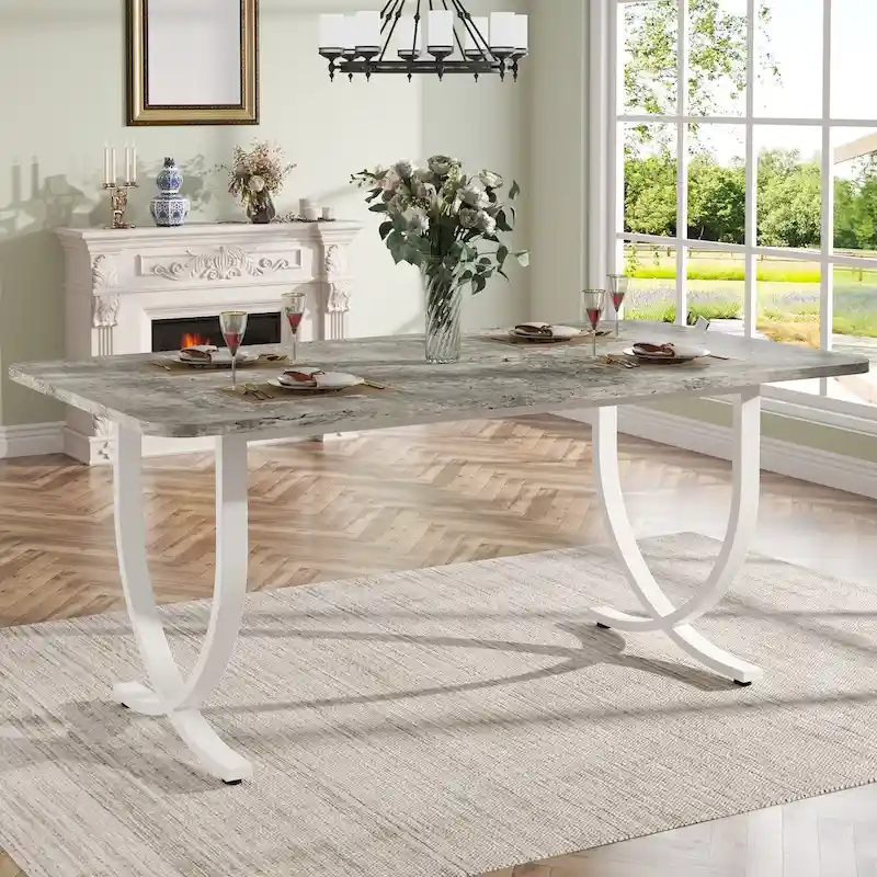 Rectangular Dining Table for 4-6, 63 Inch Modern Kitchen Table with Faux Marble Top and Metal Legs, Grey & Gold