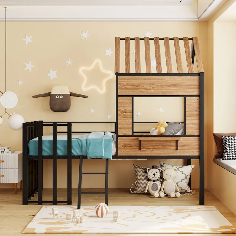 Black Twin Size Metal House Loft Bed with Roof, Window and Ladder