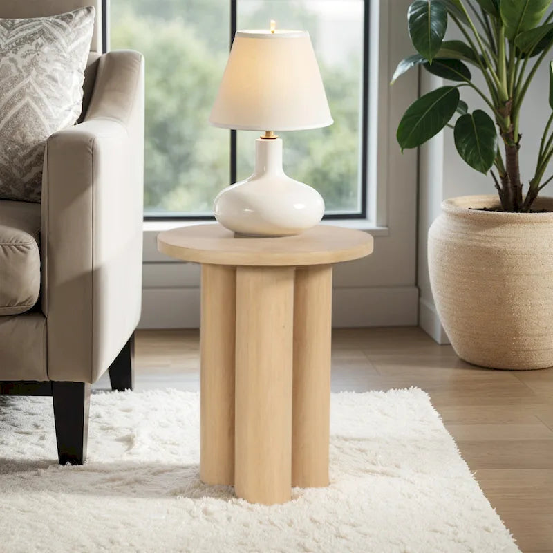 Hazel Side Table with 3 Pillar Legs, Handcrafted Natural Brown Mango Wood, 17.7 Inch Round Top