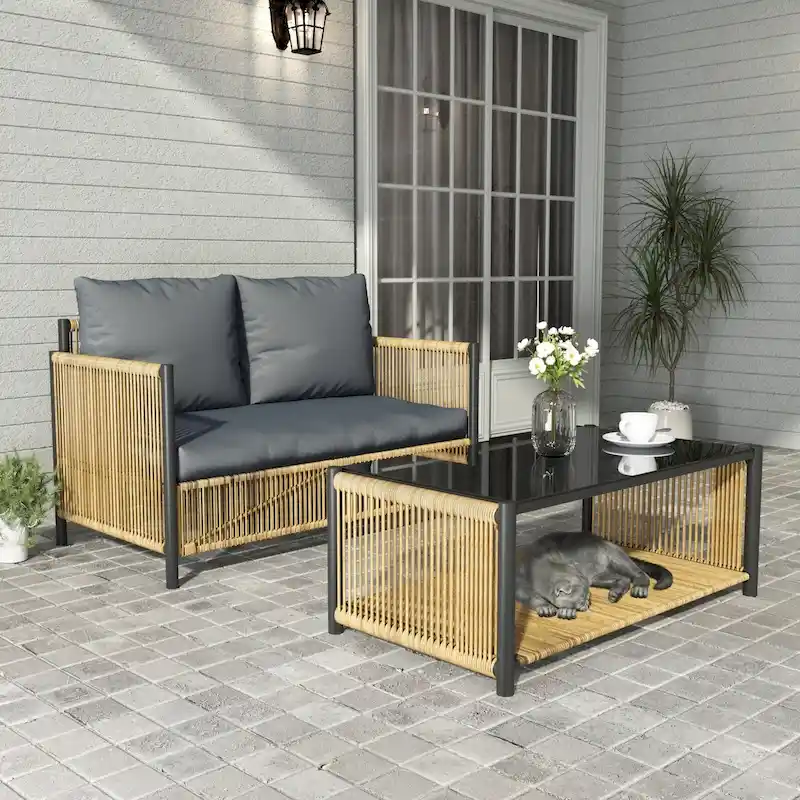 2 Pcs Outdoor PE Wicker 2 Seater Sofa Set, All Weather Patio Conversation Furniture Set with Rectangle Coffee Table