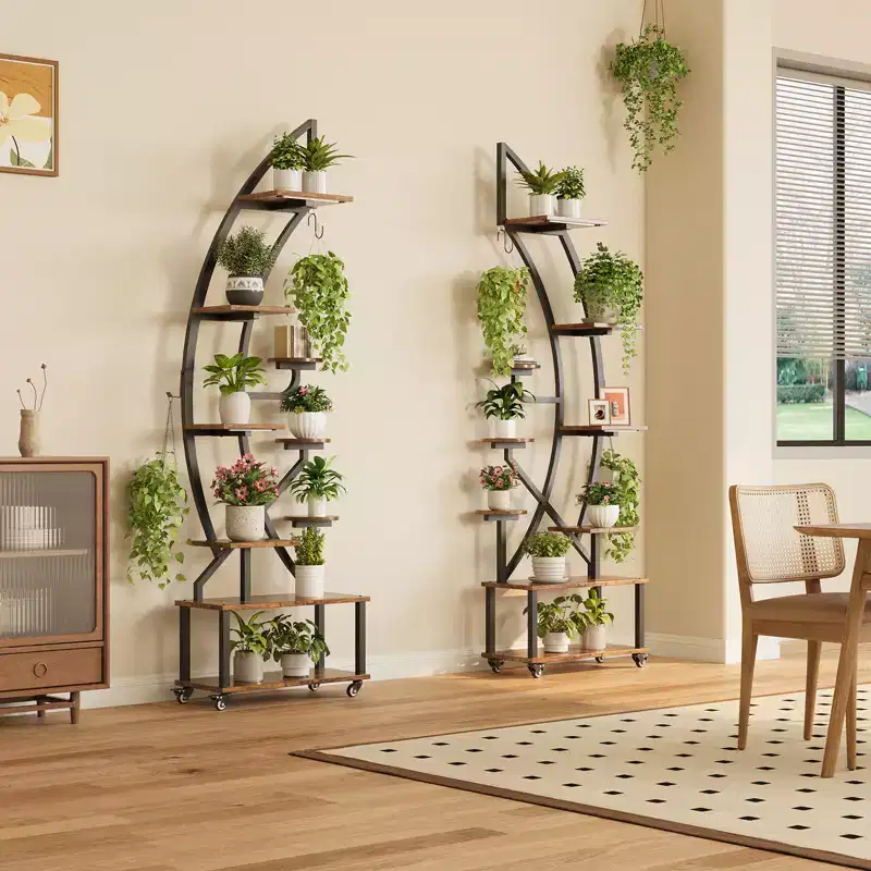 Indoor plant stand with plant growth light, 9-tier metal plant stand with wheels, curved plant display stand, suitable for living room and terrace.