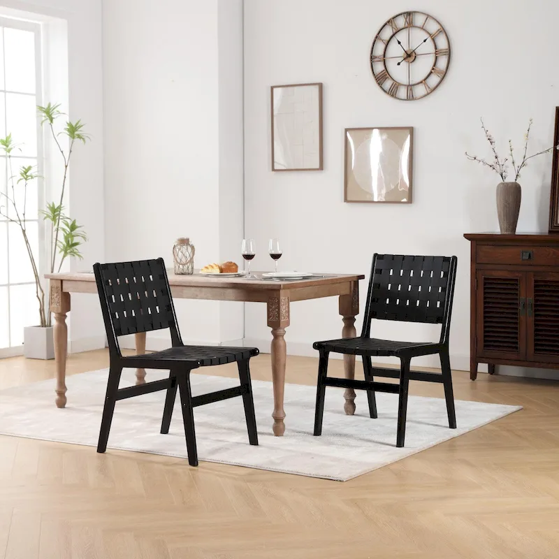 Woven Leather Strap Dining Chair with Solid Wood Frame, Black & Brown