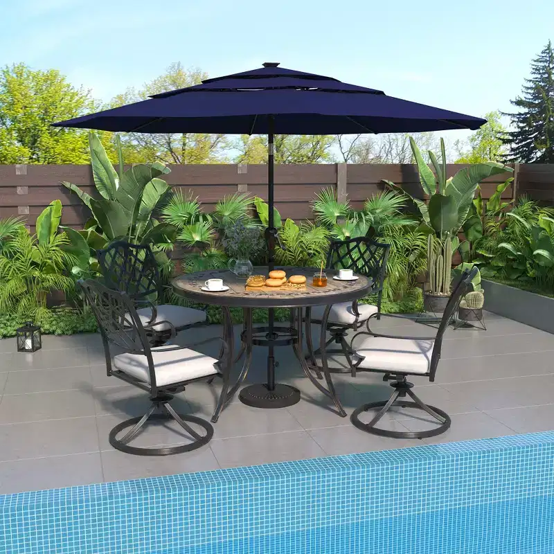 CLIHOME Outdoor 48 Round Ceramic Tile Cast Aluminum Dining Table With Umbrella Hole