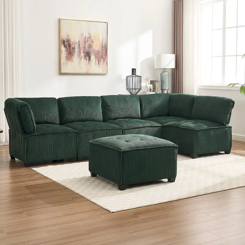 U-Shaped Corduroy Upholstered 6-Seat Convertible Modular Sectional Sofa Fit for Living Room