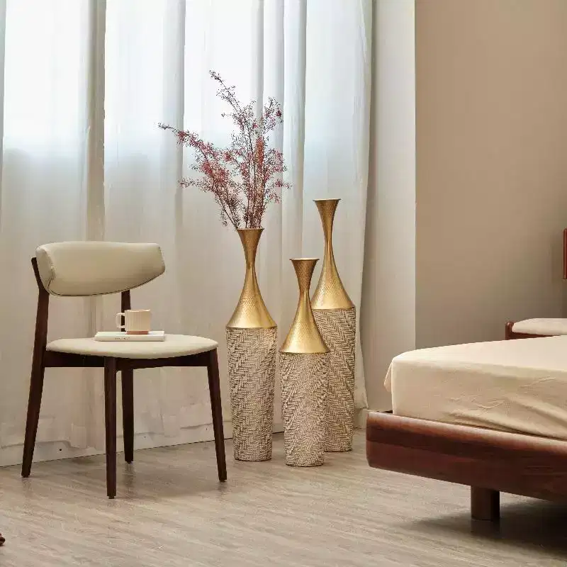 Tall Metal Floor Standing Vase Set Of 3, Woven Pattern Design Large Vases, Modern Big Standing Vase For Living Room Dining Bedroom Home Champagne