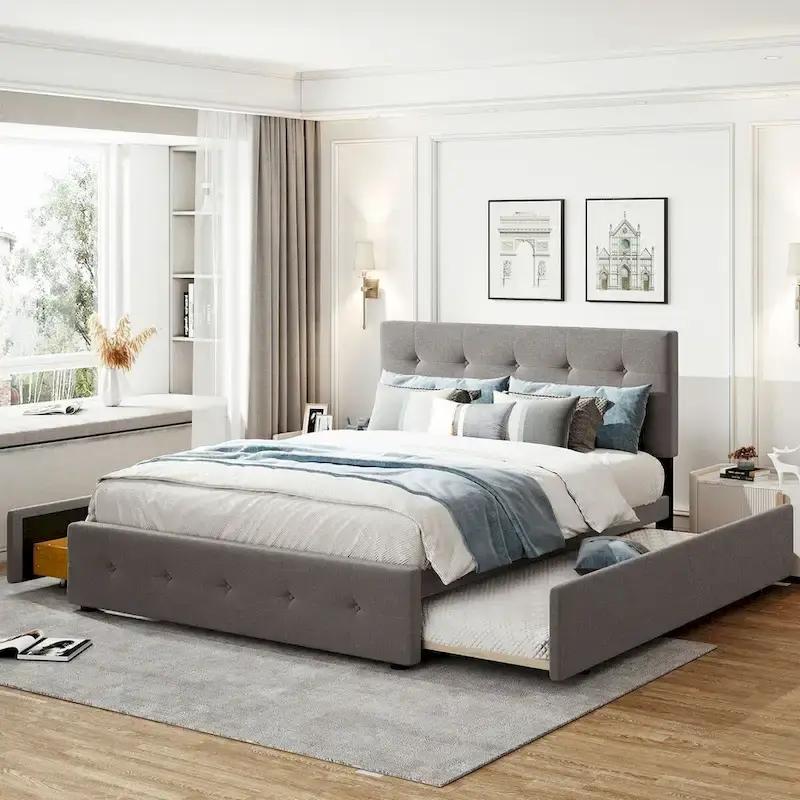 Dark Grey / Light Grey / Beige Upholstered Queen Platform Bed with Trundle, Sleeps 2