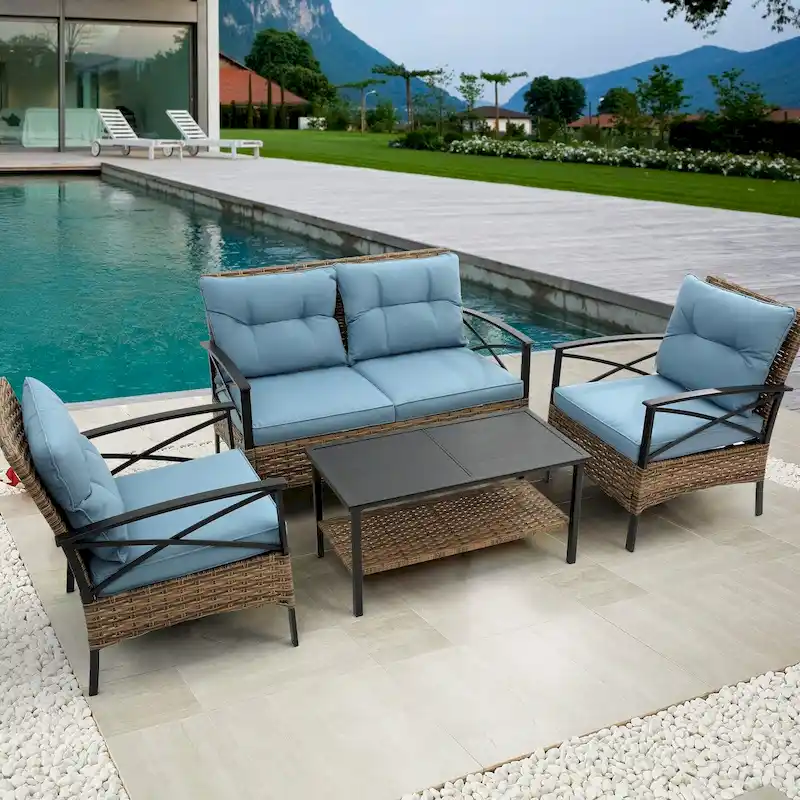 Patio 4 piece sectional sofa set rattan wicker outdoor garden furniture corner sofa set with cushion