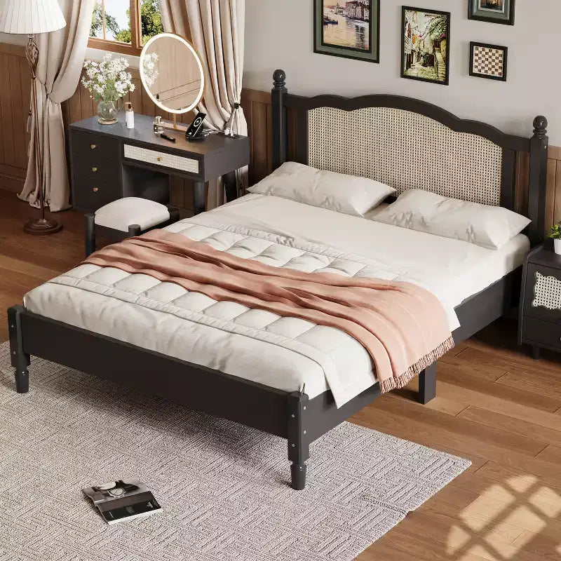 Queen Wooden Platform Bed with Natural Rattan Headboard, Vintage Bed Frame with Slat Support, Black