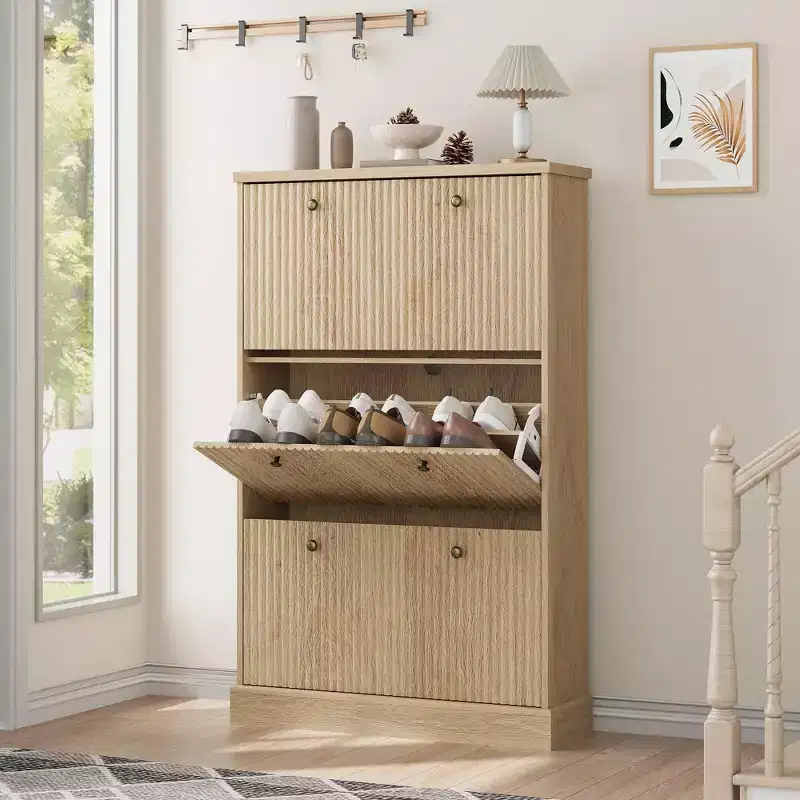 Shoe Cabinet with 3 Flip Drawers, Modern Fluted Cabinet with Adjustable Shelves, Freestanding Wooden Shoe Organizer