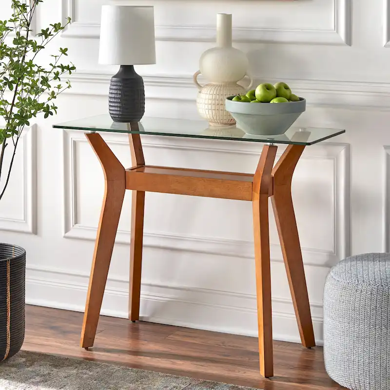 Mid-Century Walnut Sofa Table with Glass Top