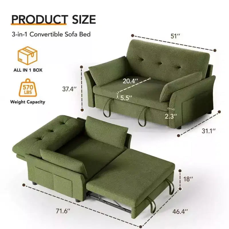 51 Inch 3-in-1 Pull-Out Sleeper Sofa Bed, Convertible Loveseat with Reclining Adjustable Backrest, Chenille Upholstered Couch, Side Pocket