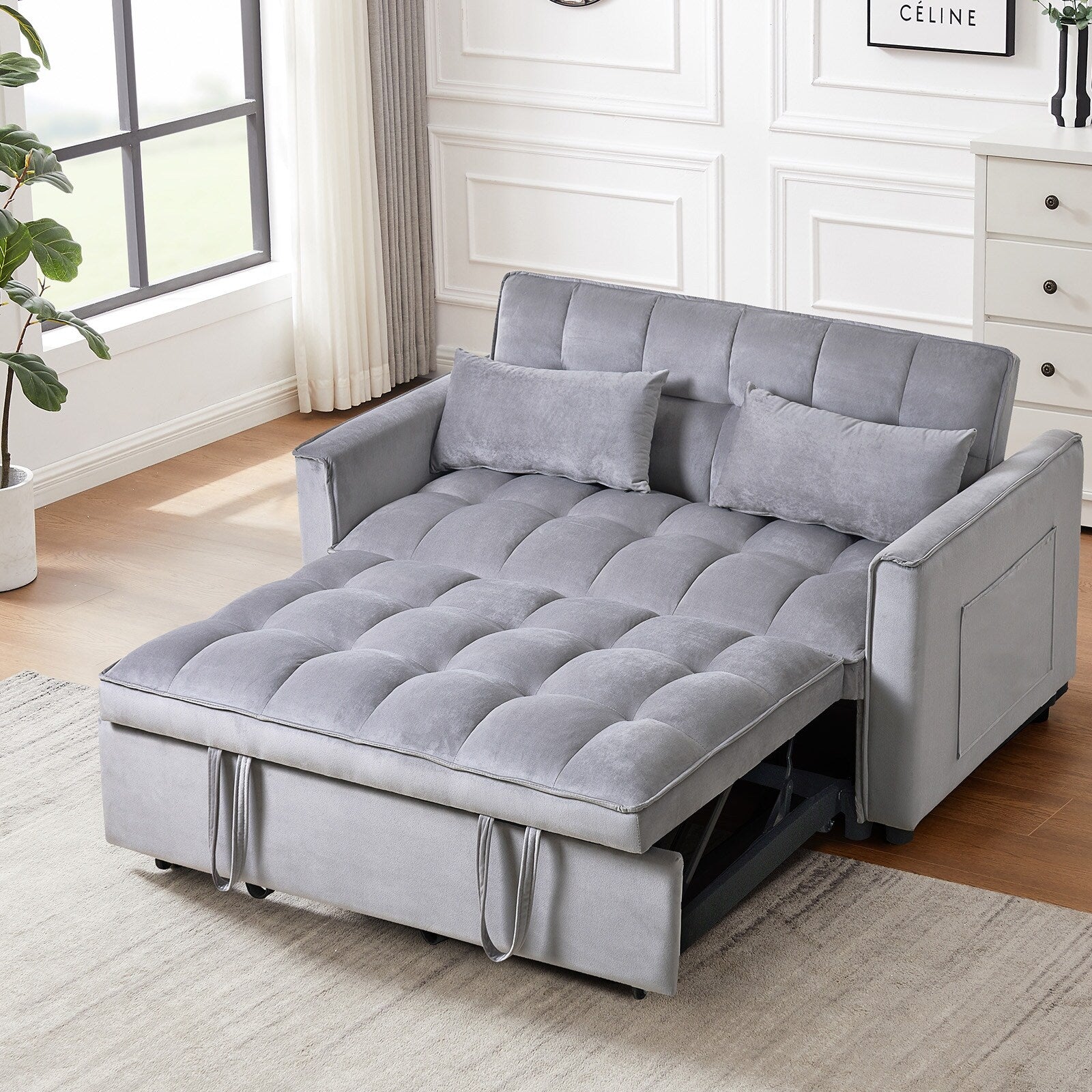 Modern Pull-Out Couch Bed, 3-in-1 Sleeper Sofa with Adjustable Backrest, Velvet Loveseat, Pillows & Side Pockets