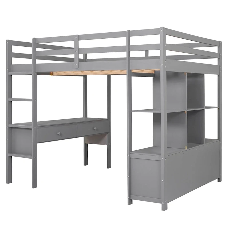 Full Size Loft Bed with Built-in Desk, Two Drawers, Storage Shelves