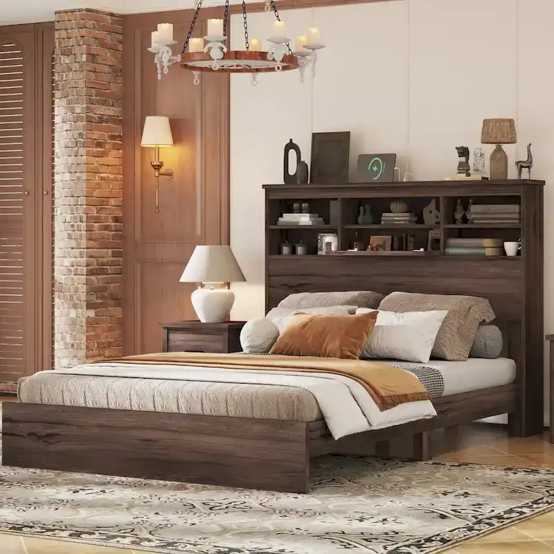 Queen Size Vintage Platform Bed with Storage Headboard Charging Station Gray