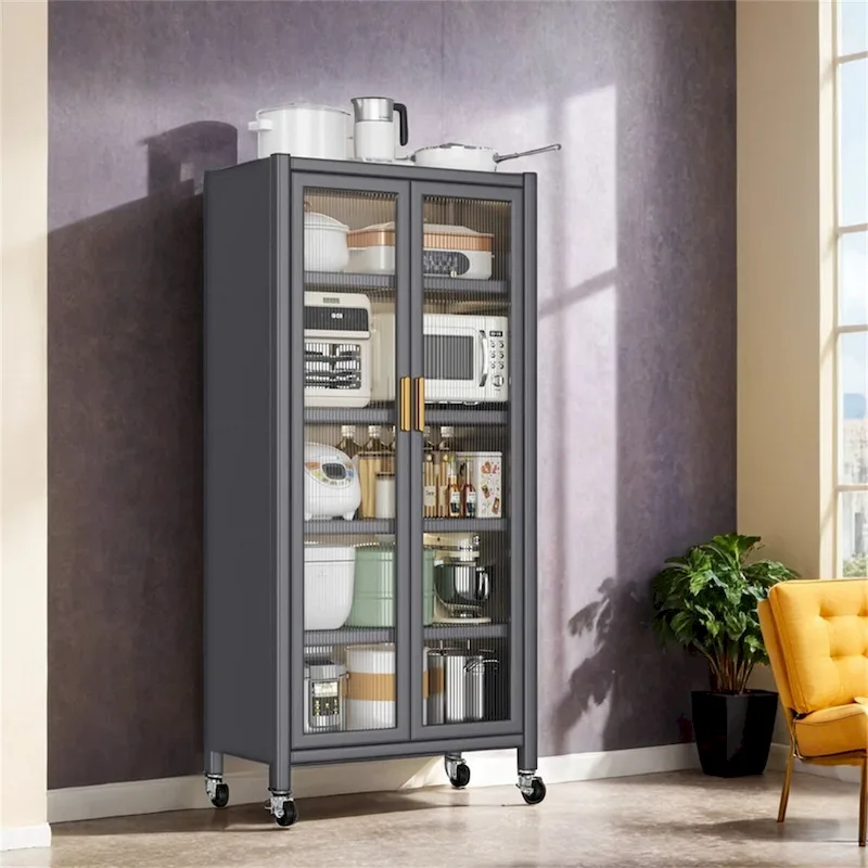 Floor-to-Ceiling Glass Door Kitchen Storage Cabinet with Wheels White Black