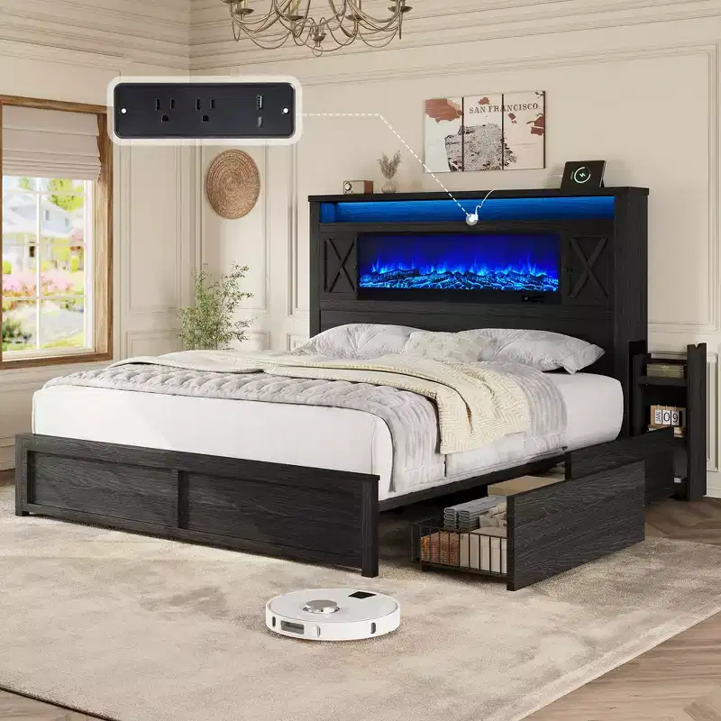 AMERLIFE Storage Platform Bed with Fireplace Headboard, LED Lights, Charging Station, Drawers