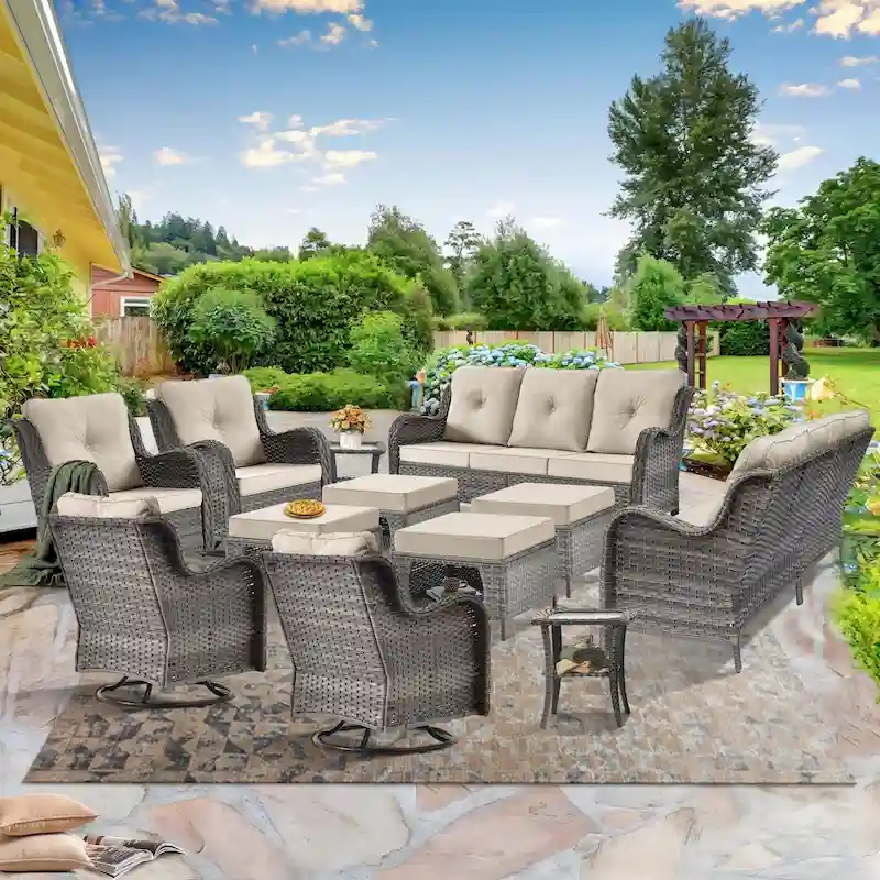 12 Piece Wicker Outdoor Patio Furniture Sets with Swivel Rocker Chairs
