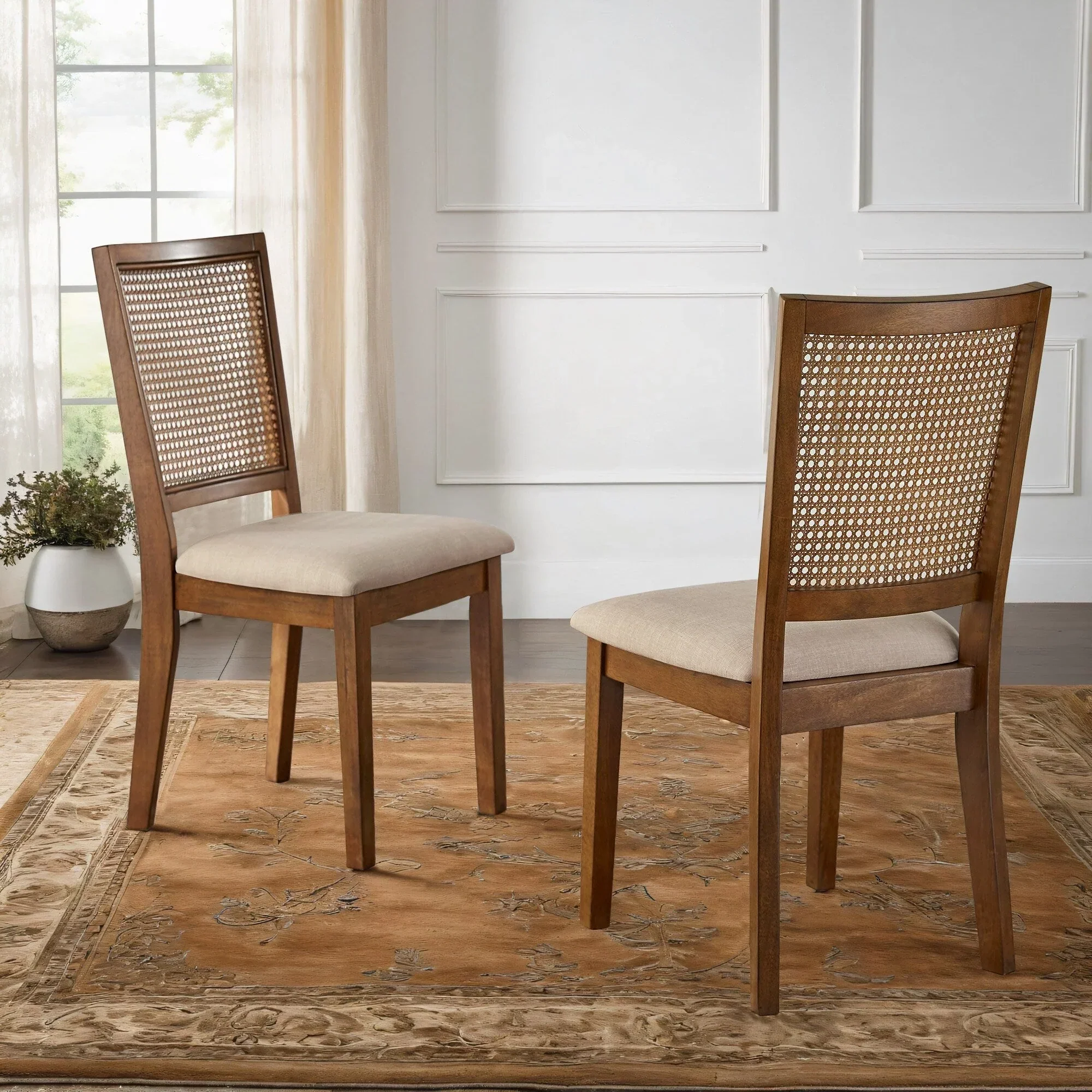 Ronda Beige Linen Rattan Back Dining Chairs (Set of 2)
